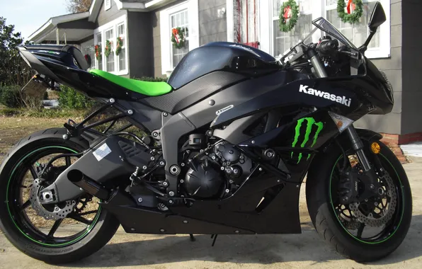 Картинка черный, Асфальт, мотоцикл, байк, кусты, motorcycle, superbike, sportbike, Kawasaki Ninja ZX-6R, фон улица