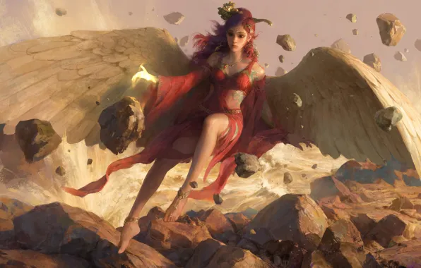 Картинка девушка, камни, крылья, ангел, фэнтези, арт