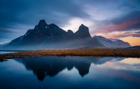 Картинка озеро, отражение, гора, Исландия, Eystrahorn