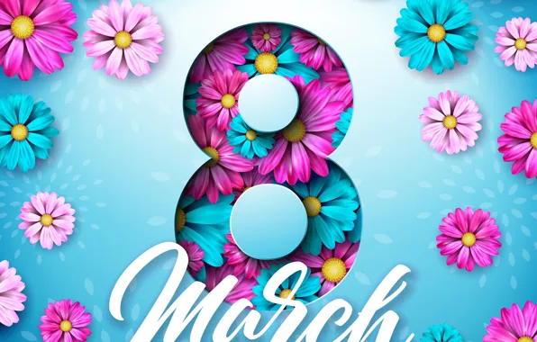 Картинка цветы, happy, 8 марта, blue, pink, flowers, открытка, spring, celebration, женский день, 8 march, women's …