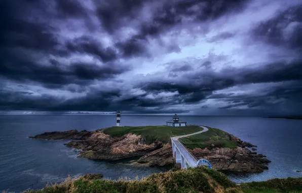 Картинка тучи, побережье, маяк, Испания