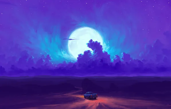 Картинка car, moon, road, sky, desert, night, art, clouds, stars, artist, digital art, artwork, BisBiswas