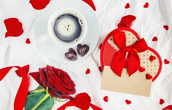 Картинка праздник, подарок, роза, кофе, конфеты, сердечко, день влюбленных