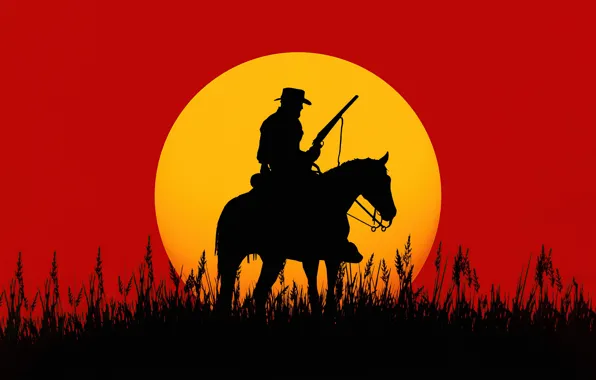 Картинка игра, game, sunset, закат солнца, Red Dead Redemption, silhouette, Rockstar San Diego, lonely cowboy, одинокий …