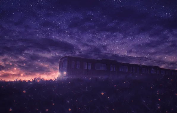 Картинка закат, природа, поезд, звездное небо