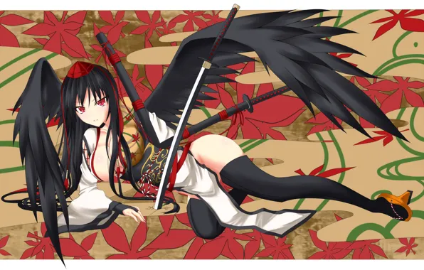 Картинка катана, красная шапочка, гейша, кимоно, Aya Shameimaru, кленовые листья, ножны, черные чулки, лежит на боку, …