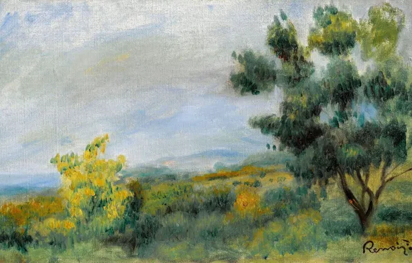 Картинка картина, 1900, Пьер Огюст Ренуар, Pierre Auguste Renoir, Пейзаж с Деревьями и Морем