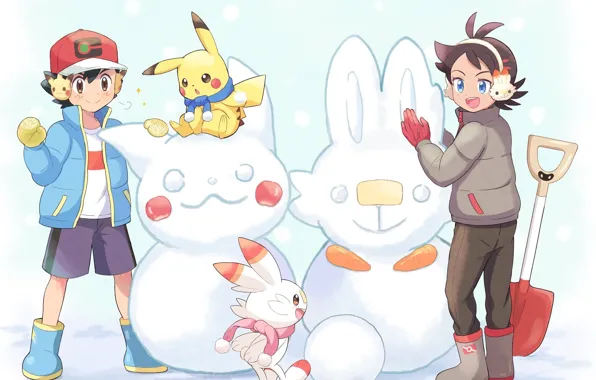 Картинка снеговики, Покемон, мальчики, Pokemon, Пикачу
