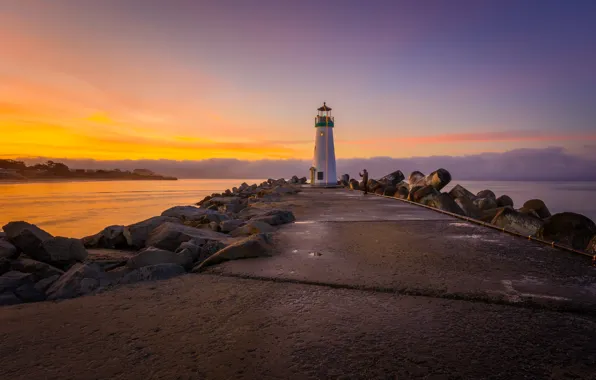 Картинка дорога, пейзаж, природа, камни, океан, рассвет, маяк, Калифорния, США, Walton Lighthouse