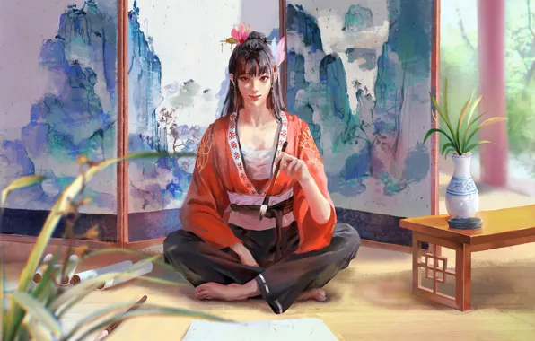 Картинка girl, art, barefoot, brunette, artist, asian, digital art, artwork, sitting, kimono, feet, japanese girl, legs …