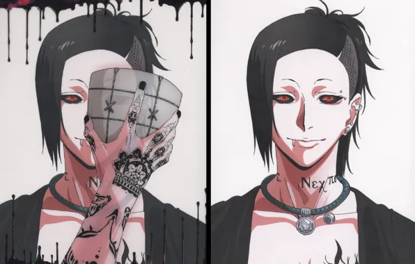 Картинка монстр, маска, красные глаза, токийский гуль, Tokyo Ghoul, Uta, татуированный, людоед, пирсинг в губе, by …