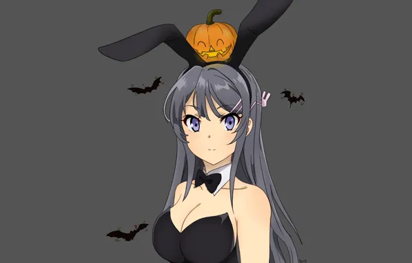 Картинка девушка, кролик, тыква, летучие мыши, хеллоуин, кроличьи ушки, Seishun Buta Yarou wa Bunny Girl Senpai …