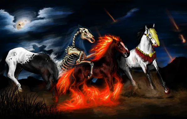 Картинка небо, ночь, темнота, огонь, пламя, луна, рисунок, кони, картина, лошади, арт, скелет, Апокалипсис, живопись, позы, …