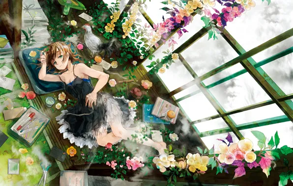 Картинка девушка, цветы, окна, аниме, арт, лежит