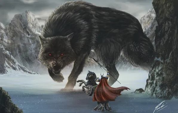 Картинка red eyes, fight, wolf, fang, horse, viking, god, claw, ragnarok, odin, fenrir, big wolf, Gungnir, …