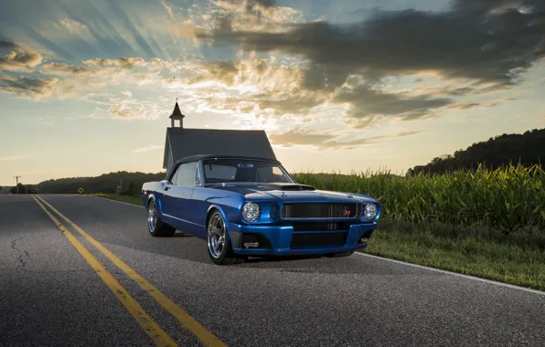 Картинка Mustang, Ford, Ford Mustang, Blue, Front, 1965, Road, Convertible, 2015, Ringbrothers, Ballistic, Mustang 1965
