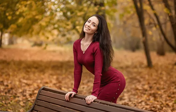 Картинка leaves, model, pretty, dress red, Георгий Дьяков