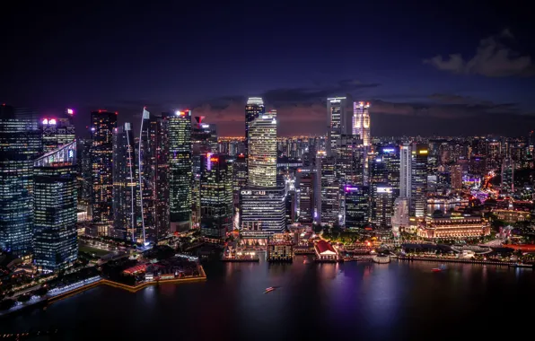 Картинка city, lights, coast, water, blur, Singapore, buildings, architecture, skyscrapers, cityscape, height, night city, marina, aerial …