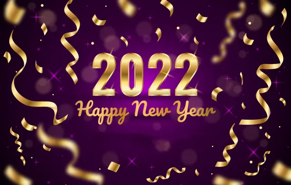 Картинка фон, золото, цифры, Новый год, лиловый, golden, new year, happy, серпантин, purple, decoration, figures, sparkling, …