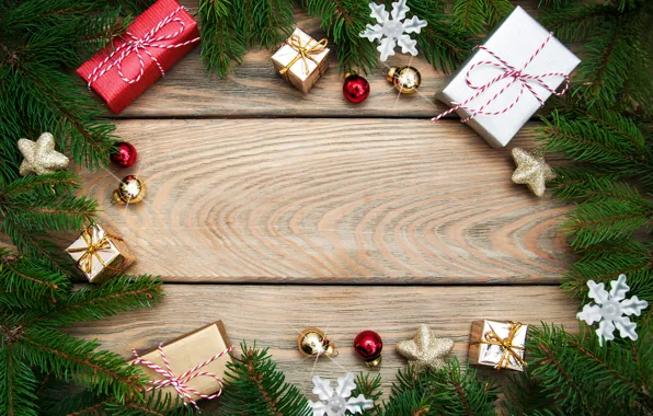 Картинка украшения, Новый Год, Рождество, подарки, christmas, wood, merry, decoration, gift box, fir tree, ветки ели