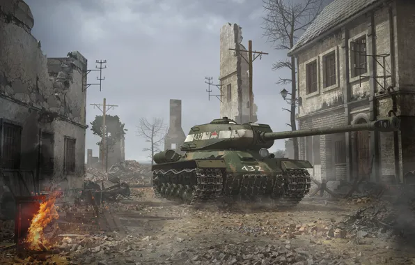 Картинка война, дома, разруха, руины, ИС-2, тяжелый танк