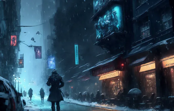 Картинка зима, снег, город, люди, пасмурно, киберпанк, снегопад, Blade Runner, ИИ искусство