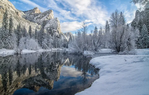 Картинка зима, снег, деревья, горы, отражение, река, Калифорния, California, Yosemite Valley, Yosemite National Park, Сьерра-Невада, Долина …