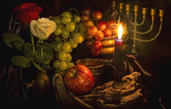 Картинка свеча, виноград, натюрморт