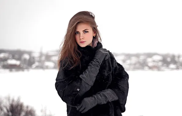 Картинка зима, взгляд, снег, волосы, Девушка, перчатки, причёска, Иван Щеглов