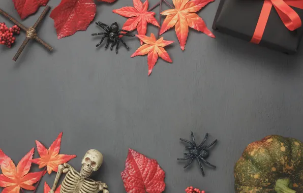 Картинка осень, листья, фон, дерево, подарки, Хеллоуин, halloween, wood, background, autumn, leaves, осенние, gifts, maple