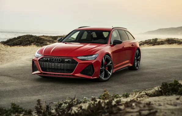 Картинка песок, красный, Audi, универсал, RS 6, 2020, 2019, возле берега, V8 Twin-Turbo, RS6 Avant