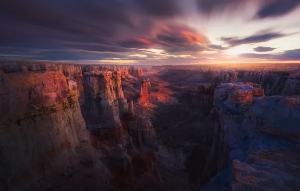 Картинка облака, свет, скалы, утро, каньон