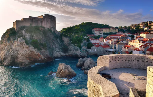 Картинка море, город, скалы, дома, курорт, Хорватия, Дубровник