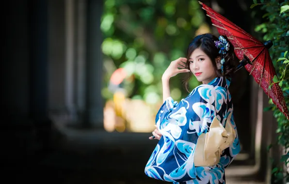 Картинка девушка, кимоно, азиатка, милашка, боке