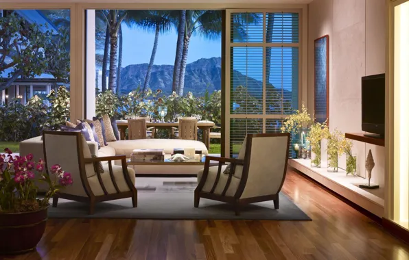 Картинка интерьер, Гавайи, терраса, гостиная, Honolulu, столовая, O'ahu, Halekulani Resort