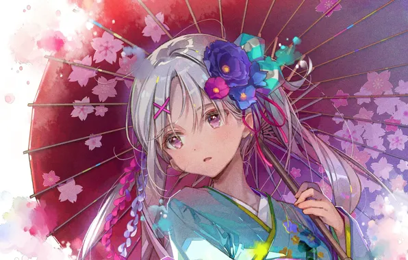 Картинка девочка, кимоно, цветок в волосах, под зонтом, длинные белые волосы
