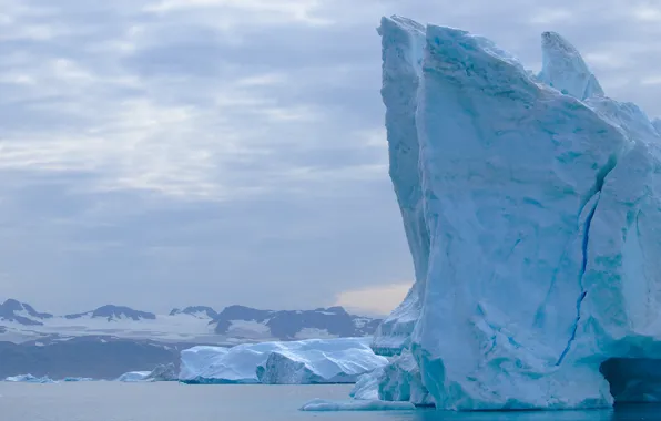 Картинка холод, зима, море, снег, горы, берег, лёд, айсберг, льдина, глыба, Гренландия