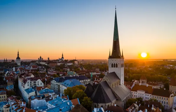 Картинка солнце, закат, город, башня, дома, вечер, крыши, Таллин