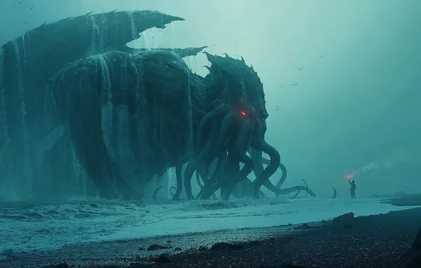 Картинка Ктулху, Cthulhu, sea, behemoth, tide, Andree Wallin