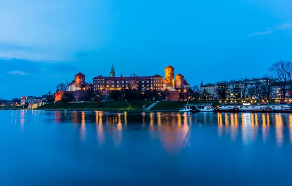 Картинка замок, вечер, подсветка, Польша, Краков, Вавельский замок