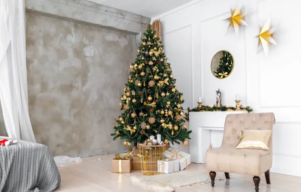 Картинка зима, шарики, комната, праздник, интерьер, кресло, Рождество, Новый год, ёлка, нарядная, боке, ёлочные украшения, ёлочные …