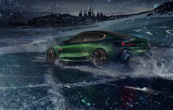 Картинка снег, тьма, купе, лёд, BMW, вид сбоку, 2018, M8 Gran Coupe Concept