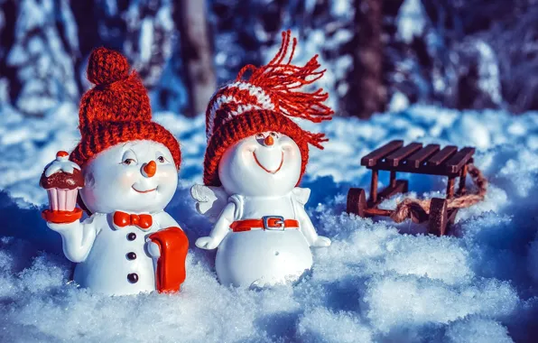 Картинка снег, новый год, рождество, снеговики, фигурки