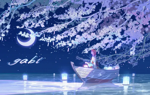 Картинка вода, девушка, ночь, дерево, лодка, фонари, цветение, полумесяц, Cover, MORNCOLOUR, Sigurado, Belle Mariano / gabi