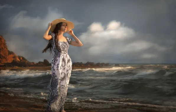 Картинка море, волны, девушка, ветер, побережье, Дарья, фотограф Alex