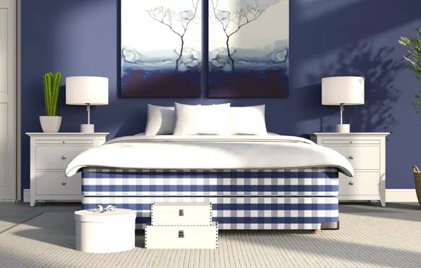 Картинка кровать, интерьер, Белый, Лампа, картины, спальня