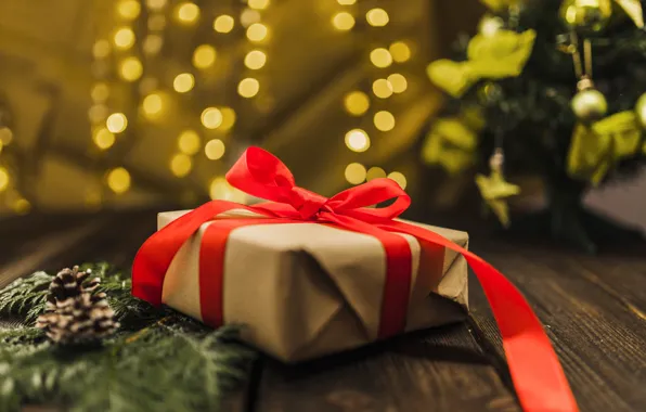 Картинка коробка, подарок, Новый Год, Рождество, лента, Christmas, box, wood, New Year, decoration, gifts, Merry, fir …