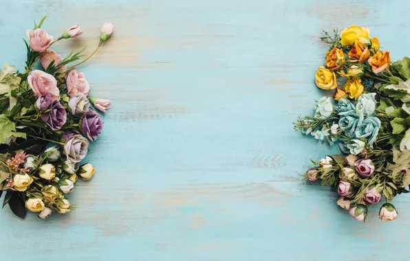 Картинка цветы, фон, рамка, colorful, wood, flowers, bright