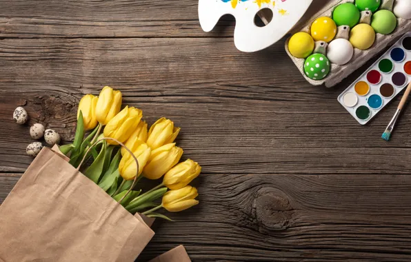 Картинка цветы, яйца, букет, желтые, colorful, Пасха, тюльпаны, happy, yellow, wood, flowers, tulips, Easter, eggs, decoration