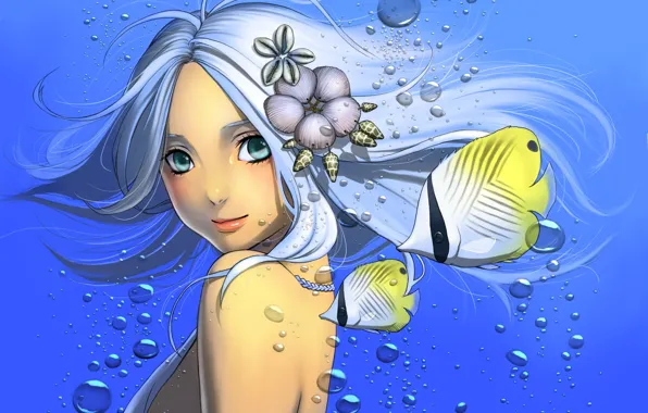 Картинка взгляд, вода, девушка, рыбки, рыбы, пузырьки